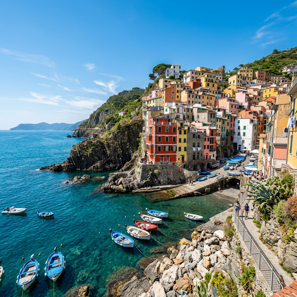 Realiza una corrección de color sobre esta fotografía de viaje. Conserva exactamente la escena, los edificios, la playa, el paisaje, el barco, las gaviotas, el encuadre y la composición. Lleva los tonos de la imagen a una paleta equilibrada de azul, beige y blanco, con luz suave, aspecto armonioso, luminoso, elegante, natural y realista. No añadas, elimines ni sustituyas ningún elemento.