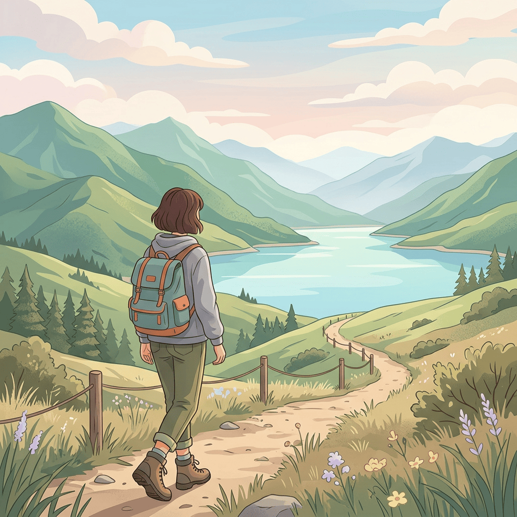Hiker with backpack walking along a trail beside a mountain lake