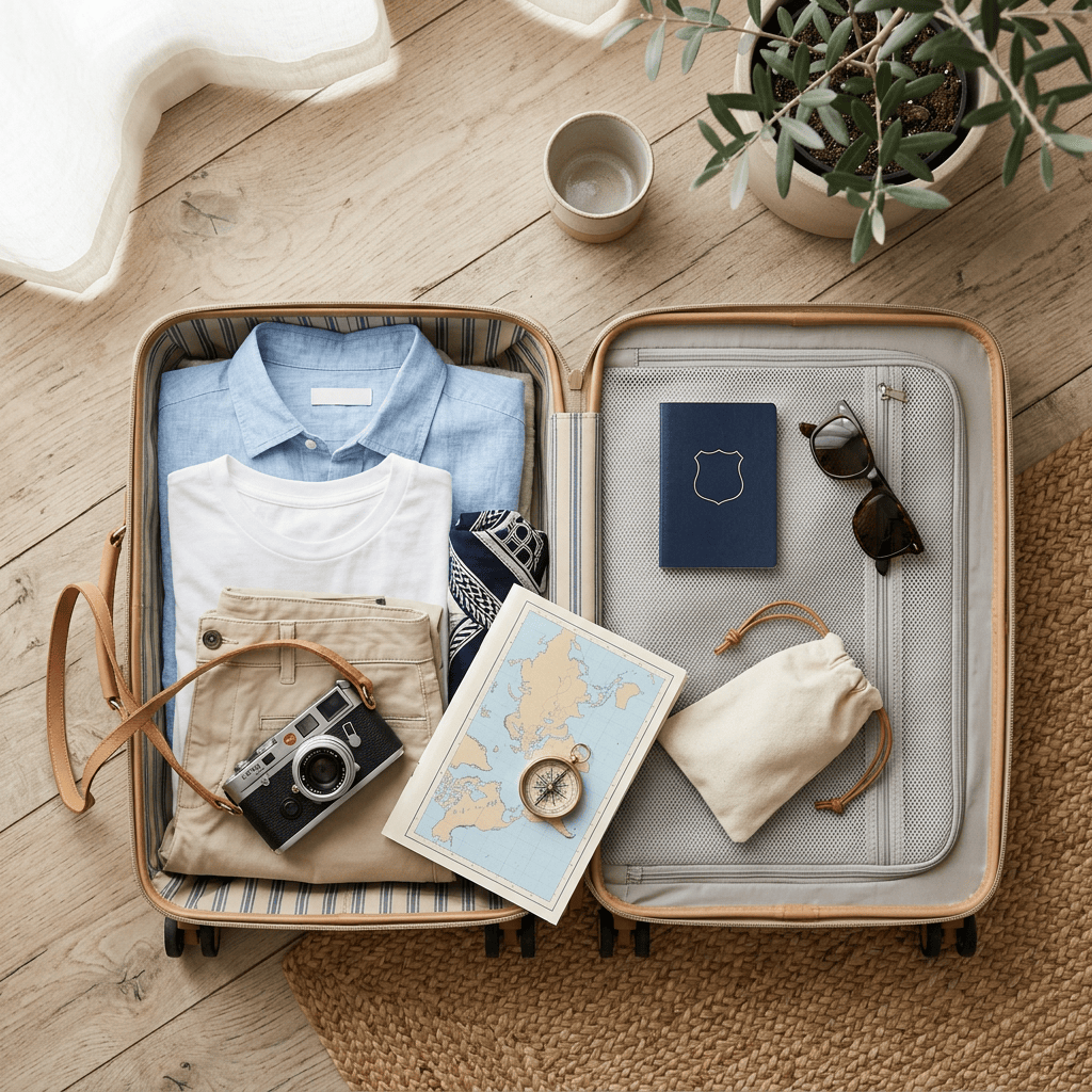 Open suitcase packed with clothes, camera, map, passport, sunglasses, and toiletry bag