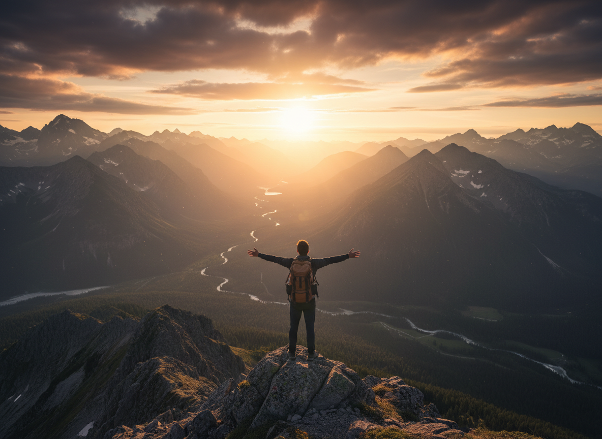 Joven viajero con mochila contemplando un paisaje de montaña al atardecer