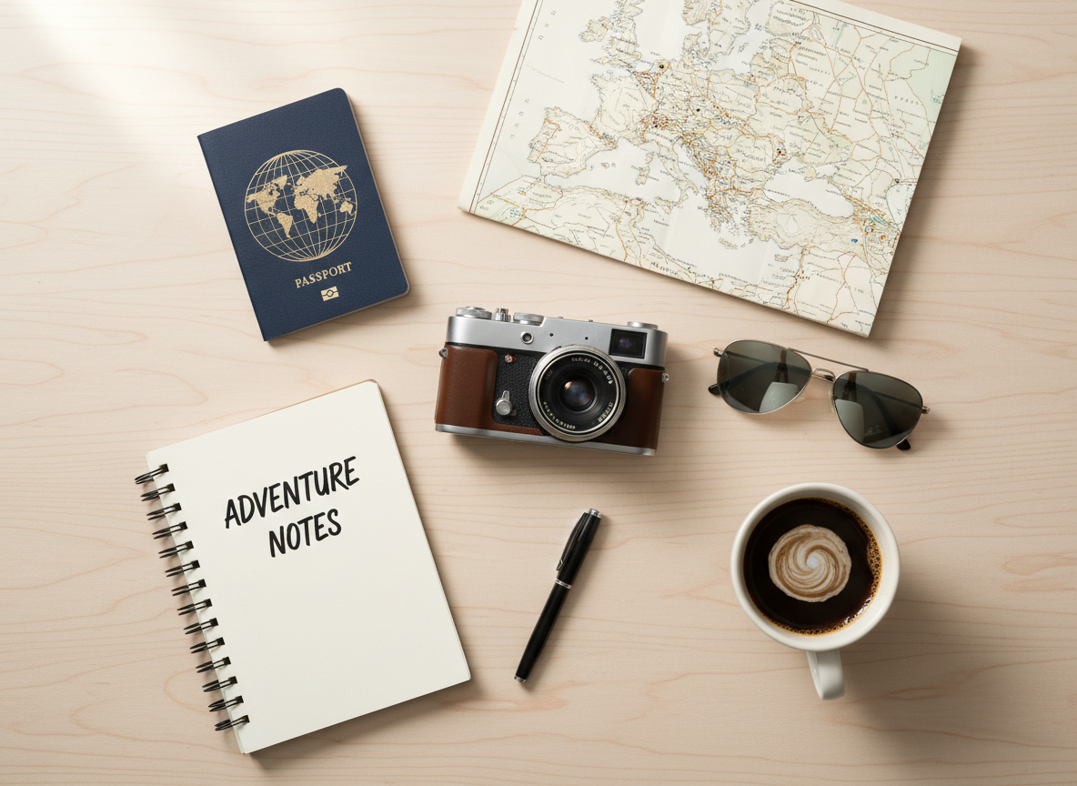 Accesorios esenciales para viajar: pasaporte, mapa, cámara y libreta