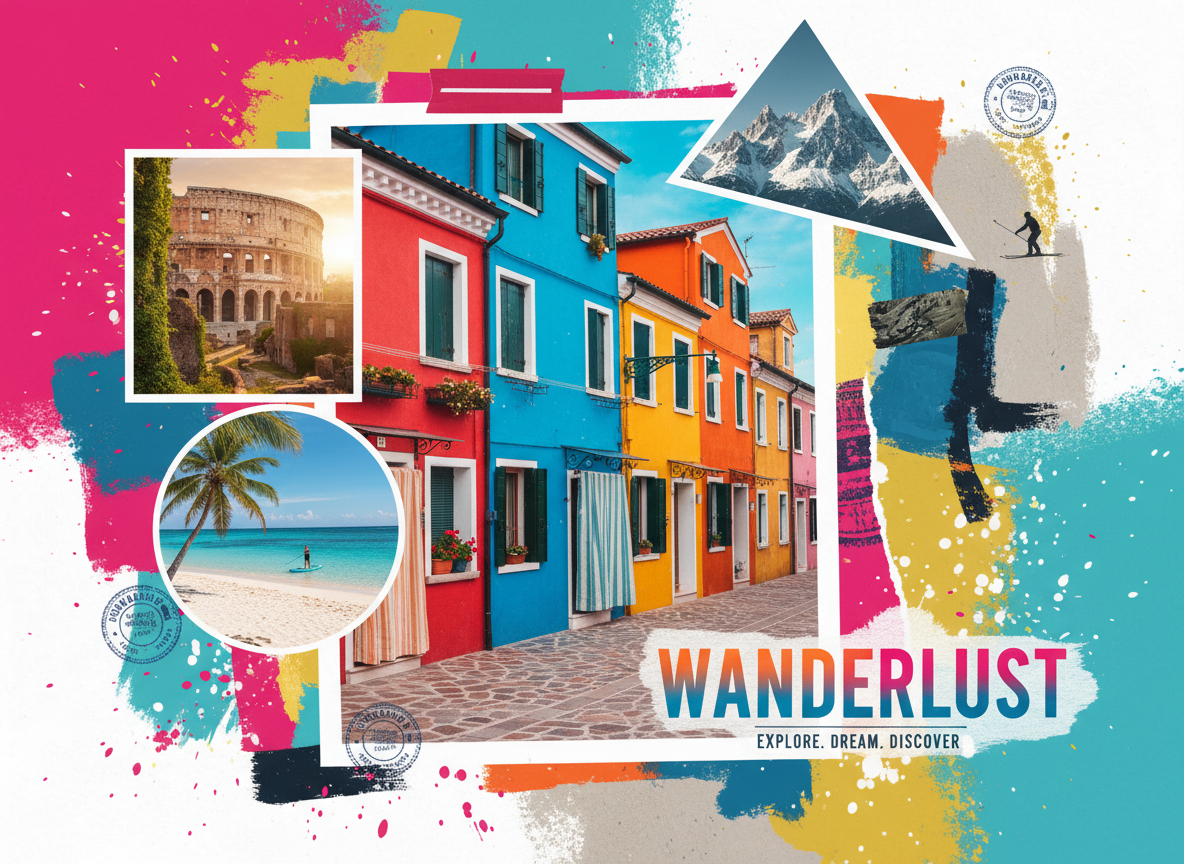 Collage de destinos de viaje: playas, montañas, ciudades y ruinas antiguas